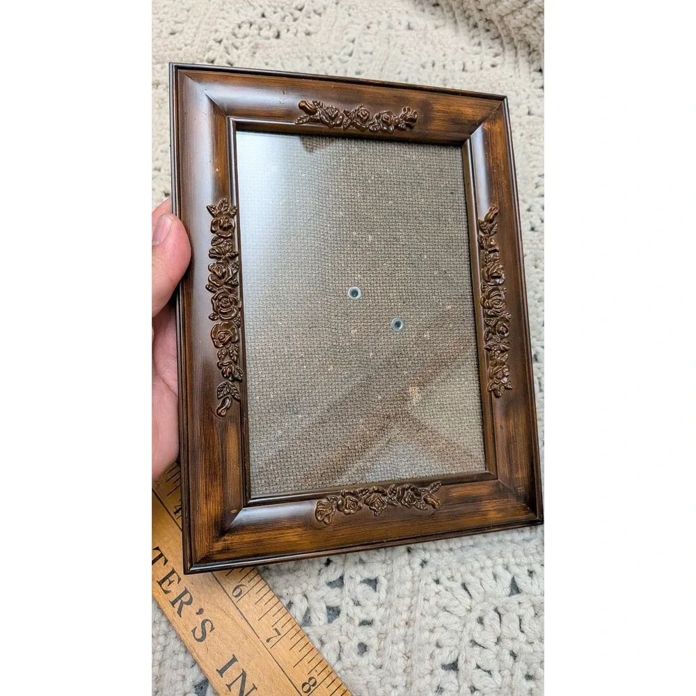 Vintage Rose Floral Picture Frame Set 3pc Dark Faux Wood Finish 2x3 4x6 5x7